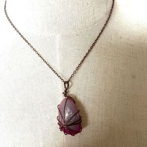 Pink stone wire wrapped pendant necklace
